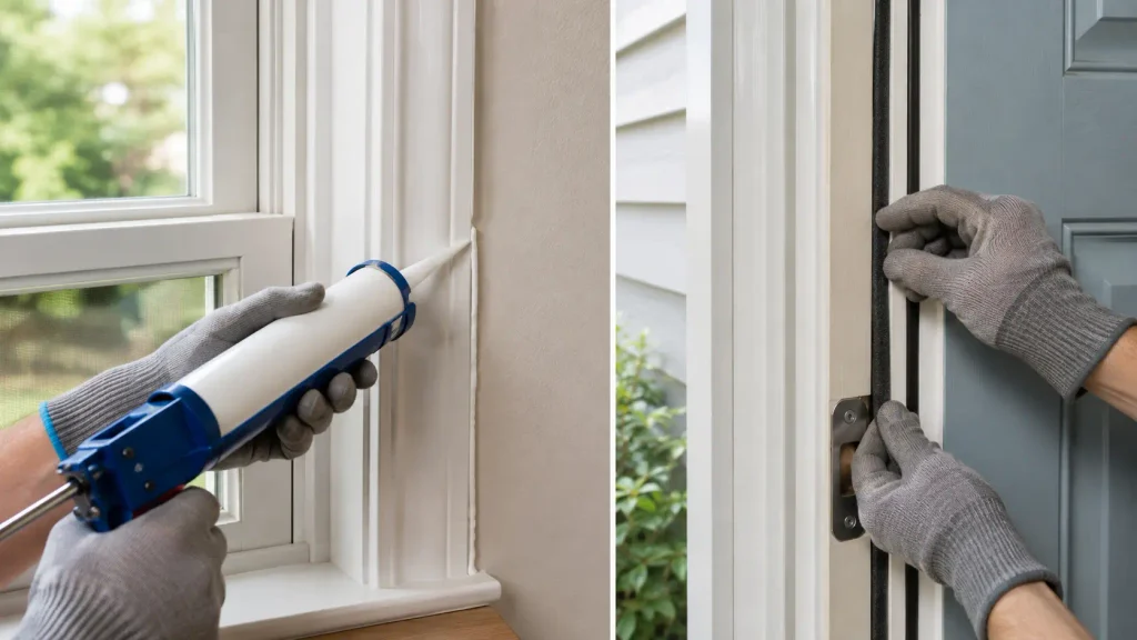 Caulk for a stationary window gap and weatherstripping for a moving door joint