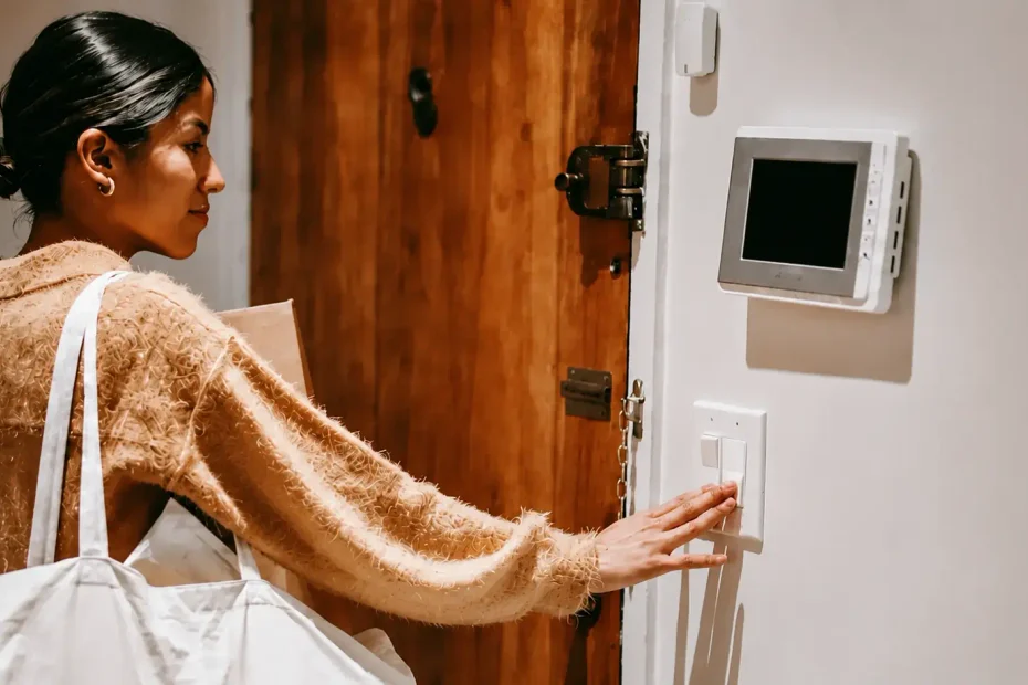 Woman adjusting a thermostat before leaving home to save energy