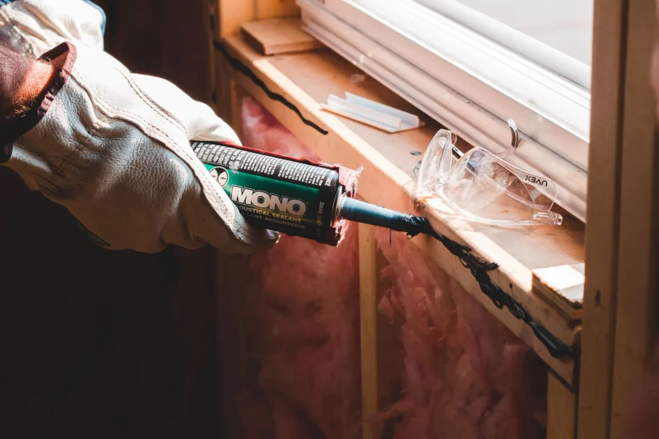 Worker applying caulk to seal window and door air leaks